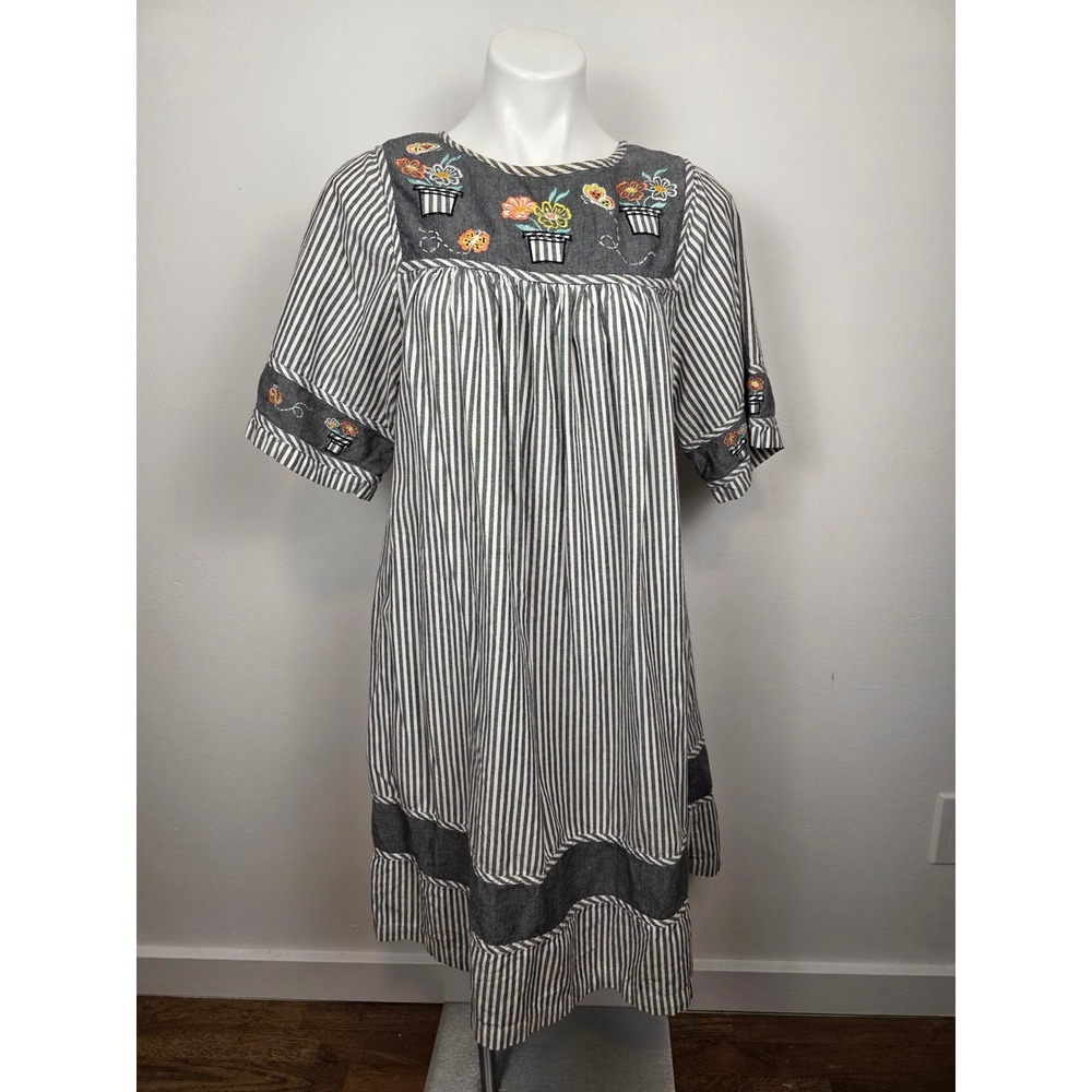 Bechamel Vintage Striped‎ Embroidered Flower Pot Tunic Dress Size S